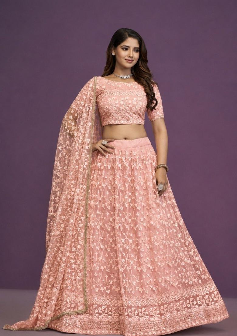 Peach Embroidered Net Lehenga Set - Indya
