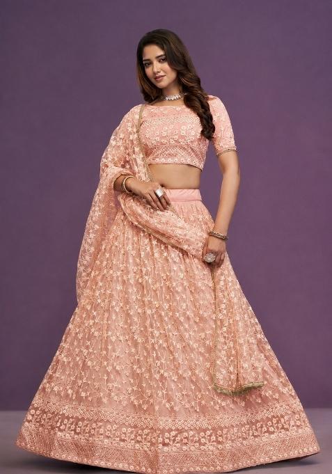 Peach Embroidered Net Lehenga Set