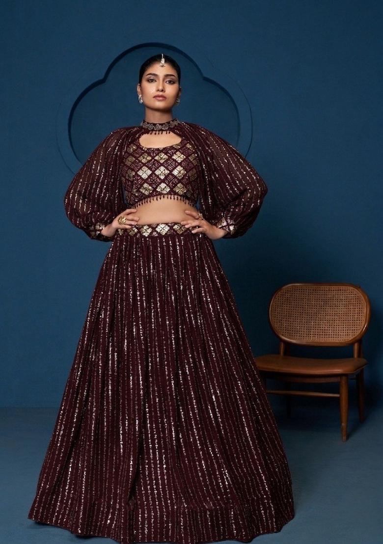 Wine Embroidered Georgette Lehenga Set - Indya