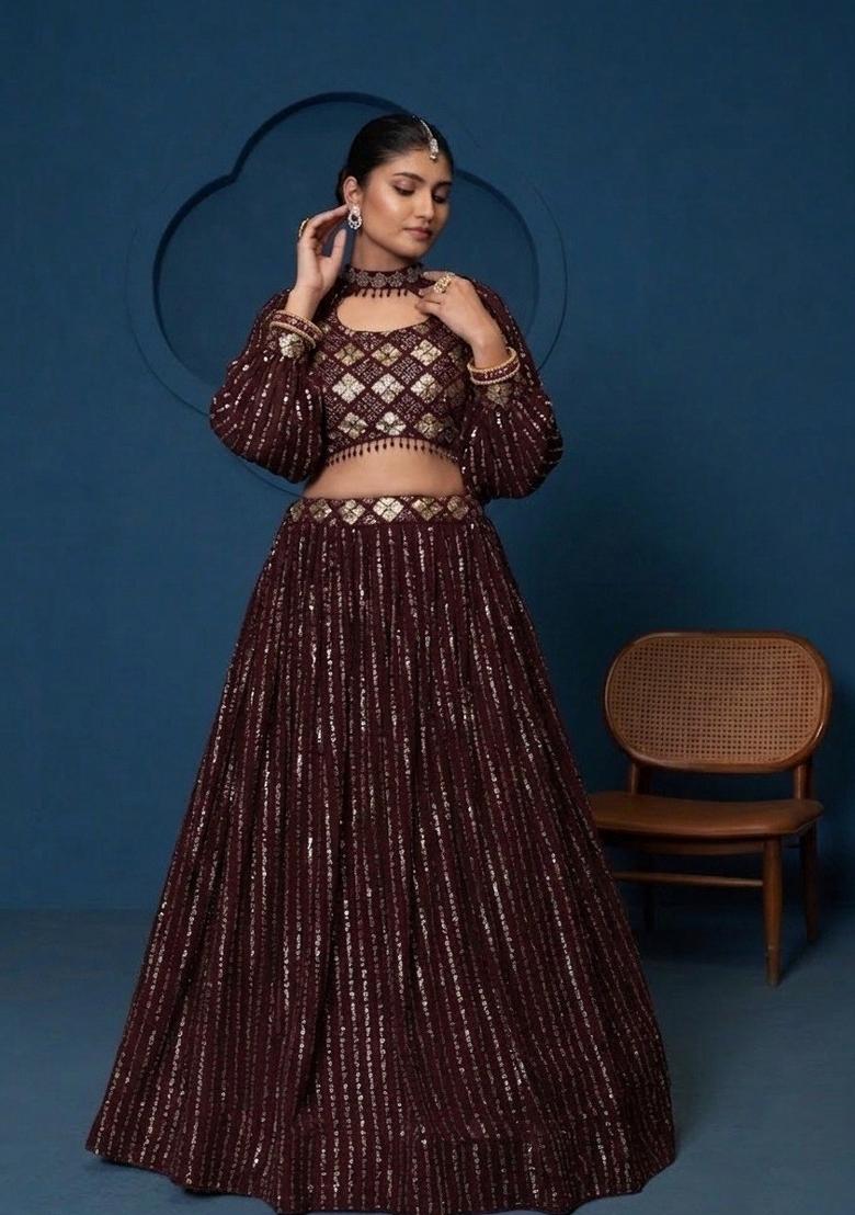 Wine Embroidered Georgette Lehenga Set - Indya