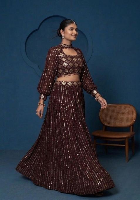 Wine Embroidered Georgette Lehenga Set