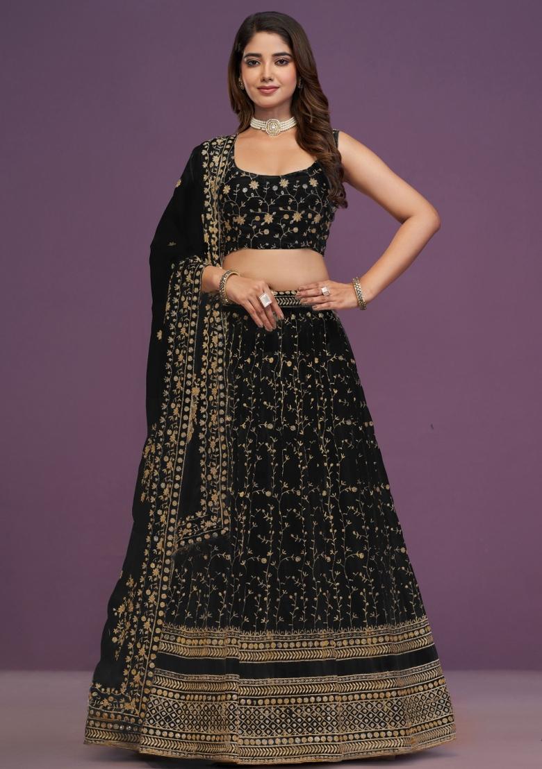 Black Embroidered Georgette Lehenga Set - Indya