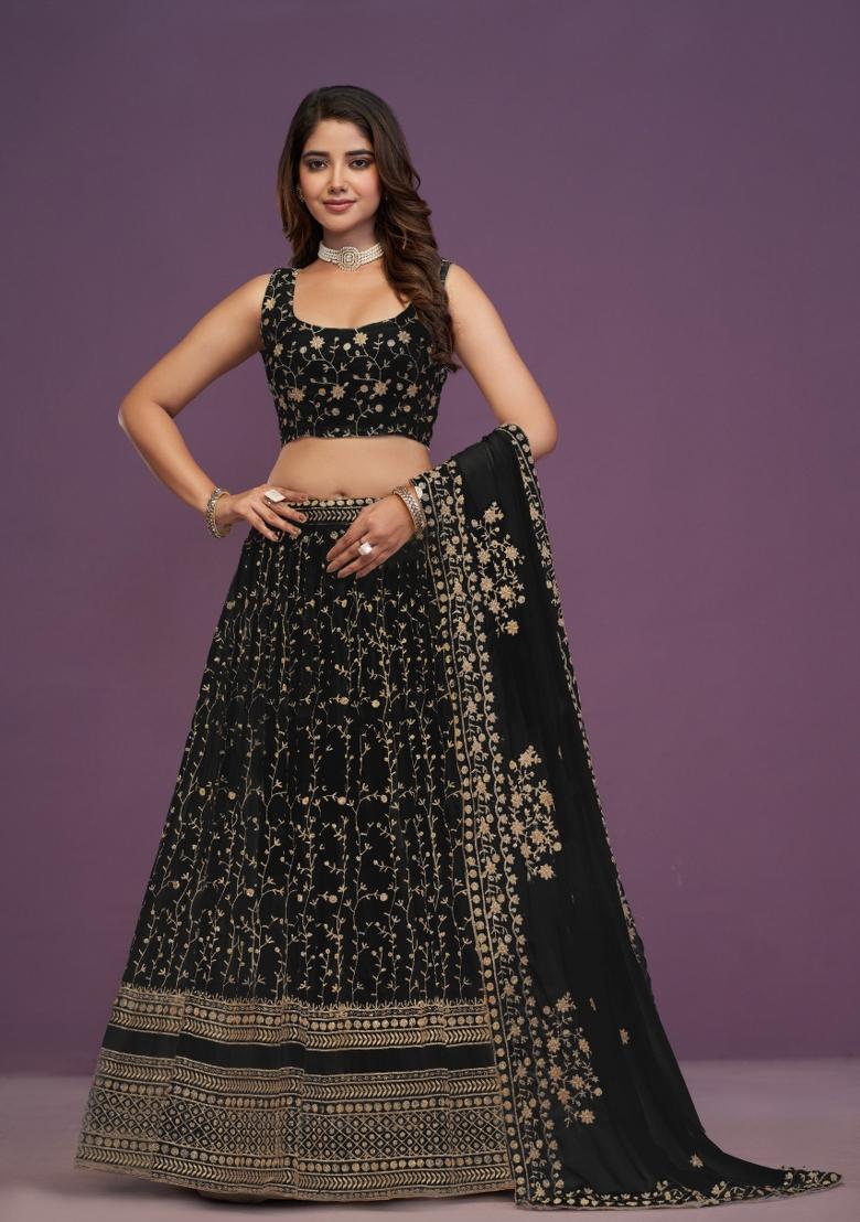 Black Embroidered Georgette Lehenga Set - Indya