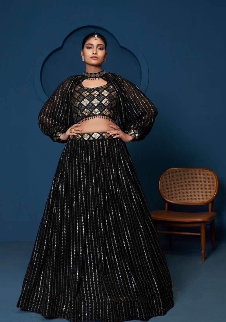 Black Embroidered Georgette Lehenga Set for Diwali and Festive Wear - Indya