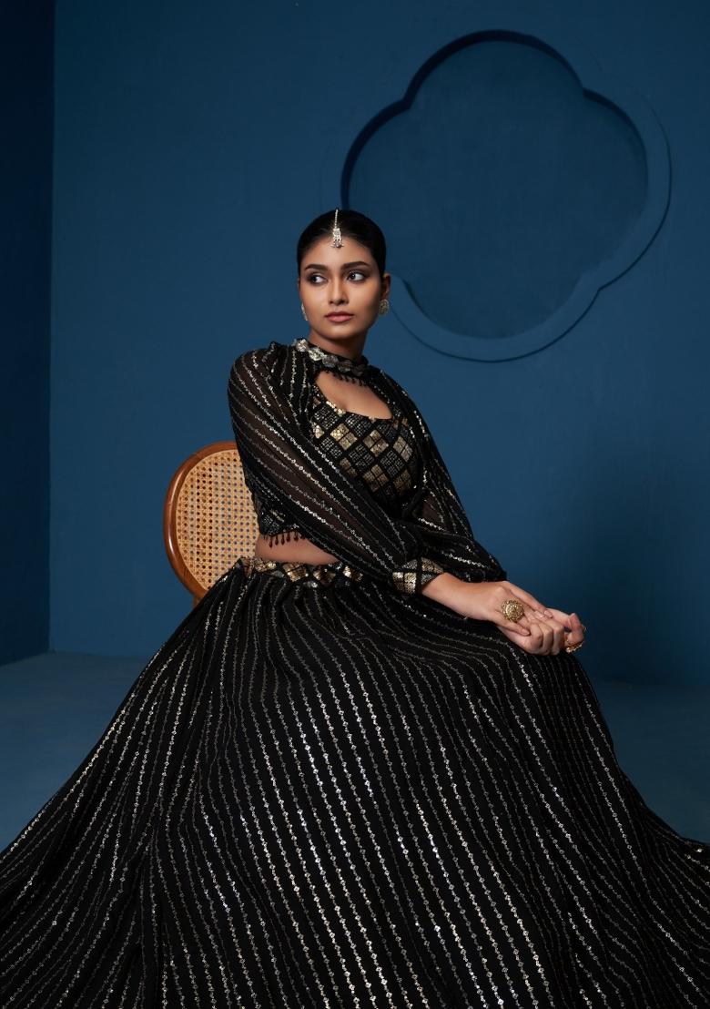 Black Embroidered Georgette Lehenga Set - Indya