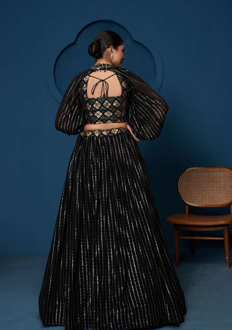 Black Embroidered Georgette Lehenga Set for Diwali and Festive Wear - Indya