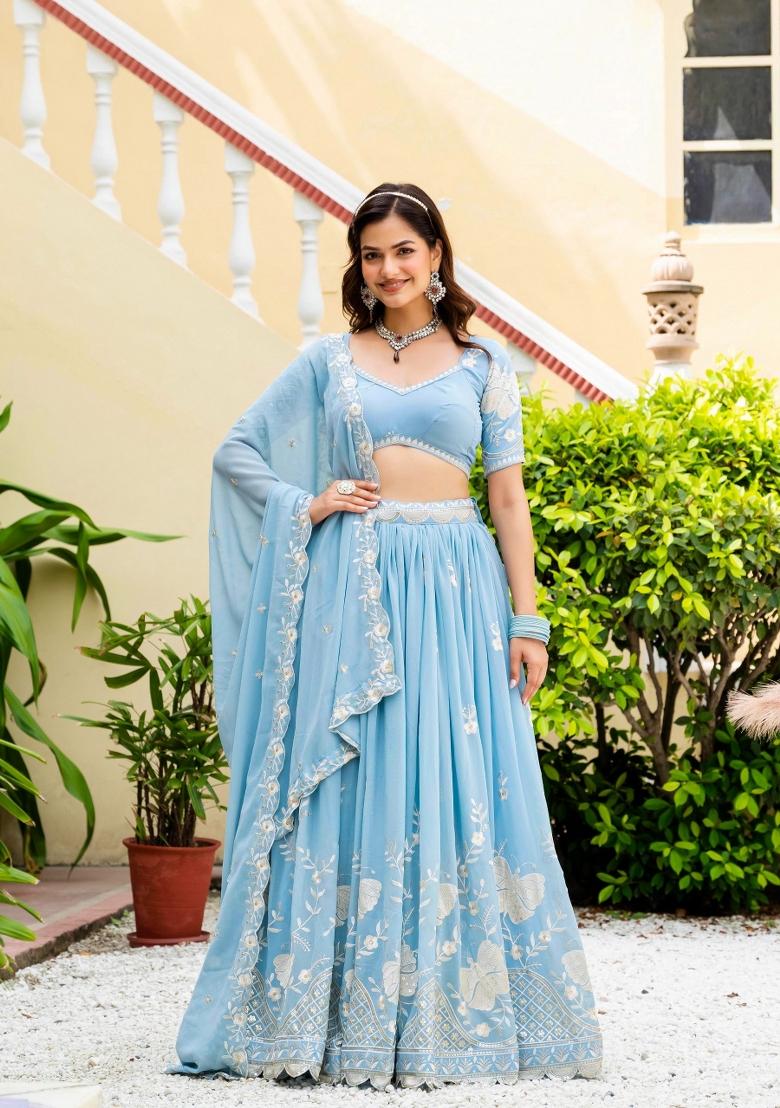 Light Blue Embroidered Georgette Lehenga Set - Indya