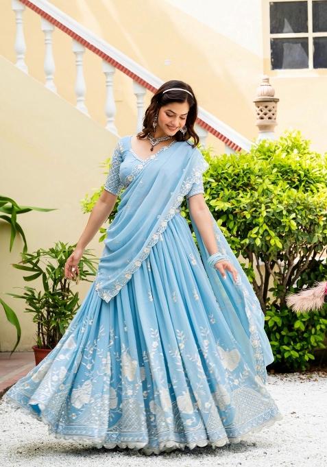 Light Blue Embroidered Georgette Lehenga Set