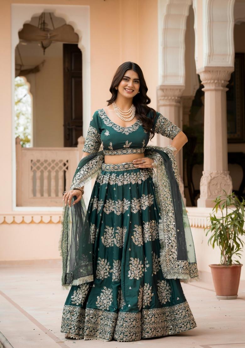 Bottle Green Embroidered Crepe Lehenga Set - Indya