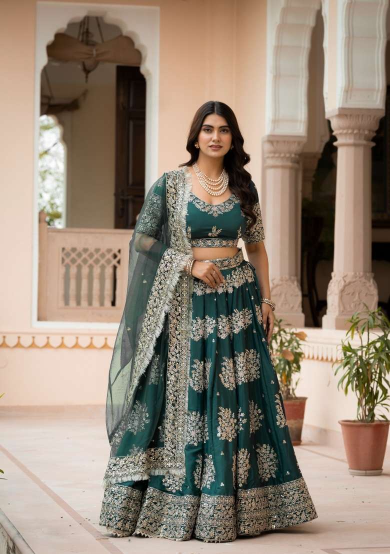 Bottle Green Embroidered Crepe Lehenga Set for Diwali and Festive Wear - Indya