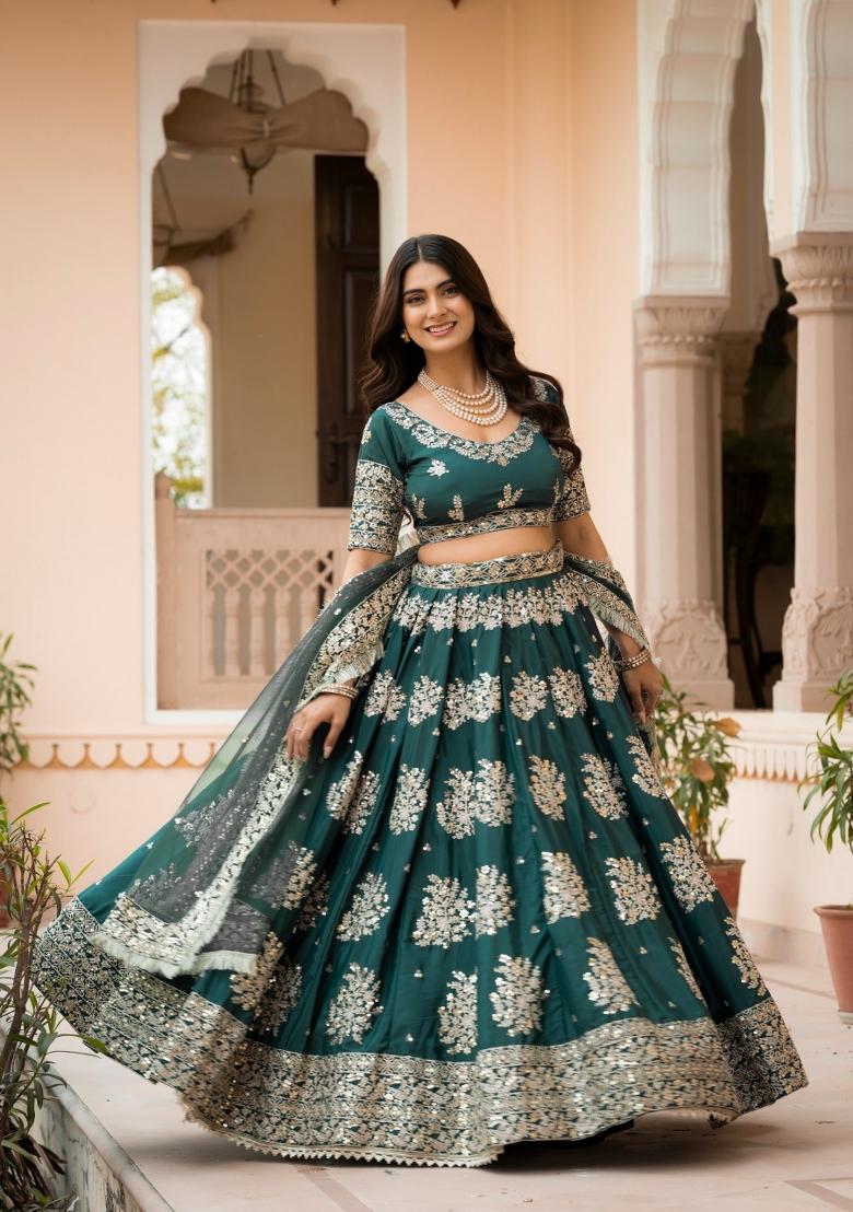 Bottle Green Embroidered Crepe Lehenga Set - Indya