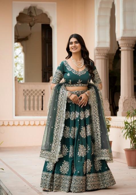 Bottle Green Embroidered Crepe Lehenga Set