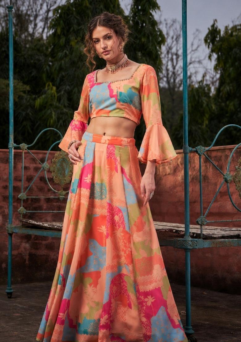Multicolor Printed Georgette Lehenga Set - Indya