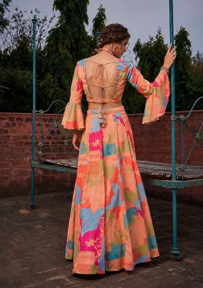 Multicolor Georgette Lehenga Set with Printed for Diwali | Wedding & Festive Wear - Indya