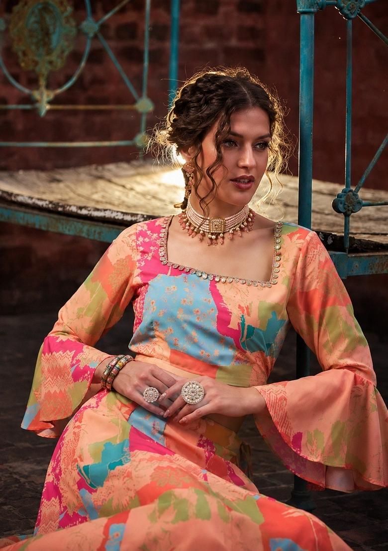 Multicolor Printed Georgette Lehenga Set - Indya