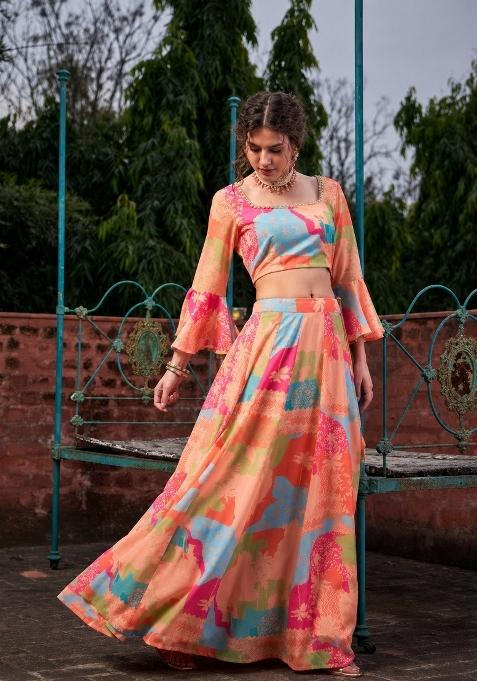 Multicolor Printed Georgette Lehenga Set