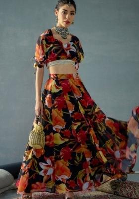 Black Printed Georgette Lehenga Set