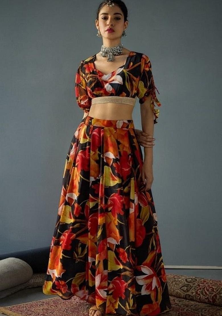 Black Printed Georgette Lehenga Set - Indya