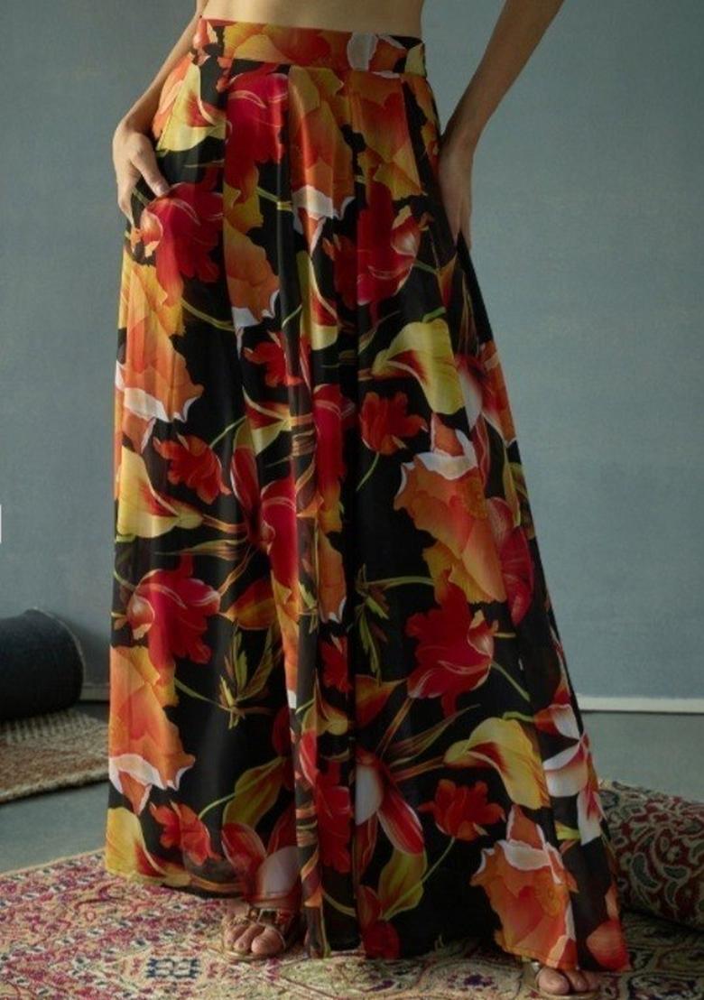Black Printed Georgette Lehenga Set - Indya