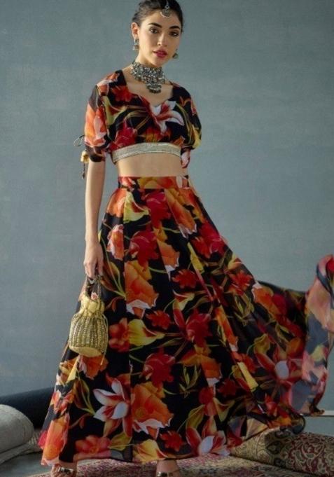 Black Printed Georgette Lehenga Set