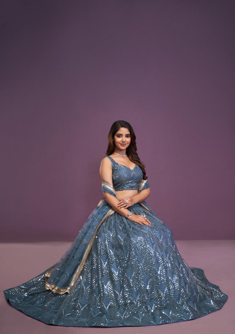 Blue Embroidered Net Lehenga Set - Indya