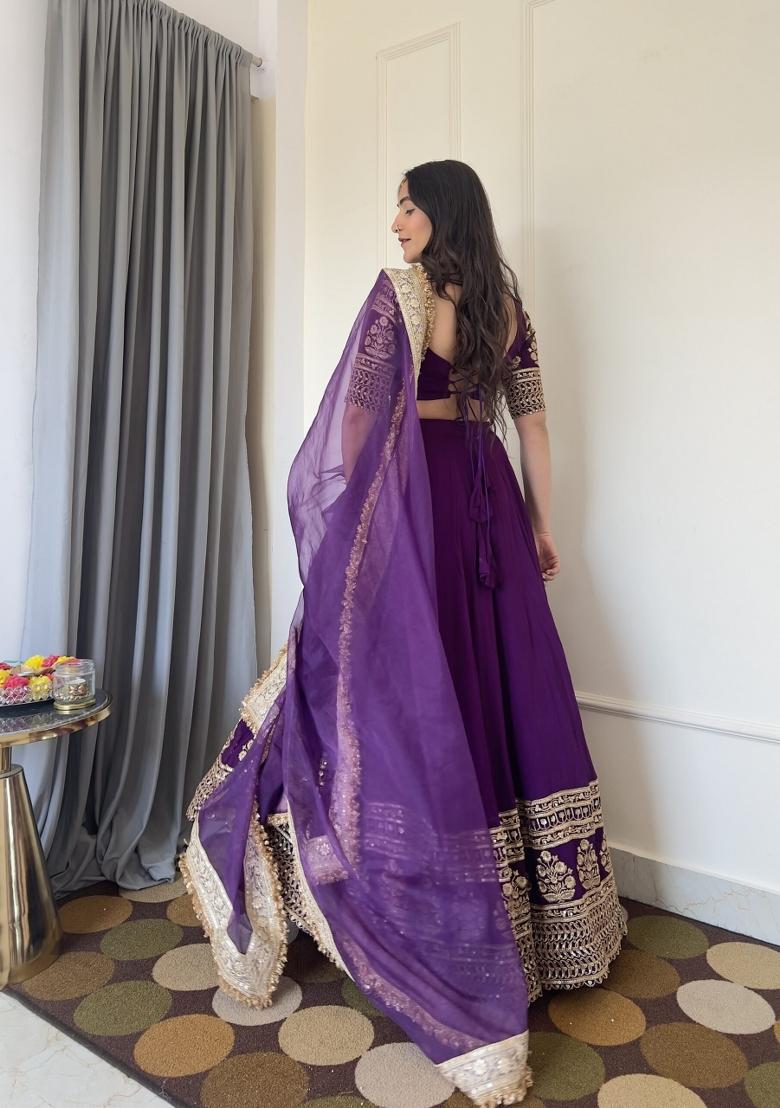 Purple Embroidered Georgette Lehenga Set - Indya