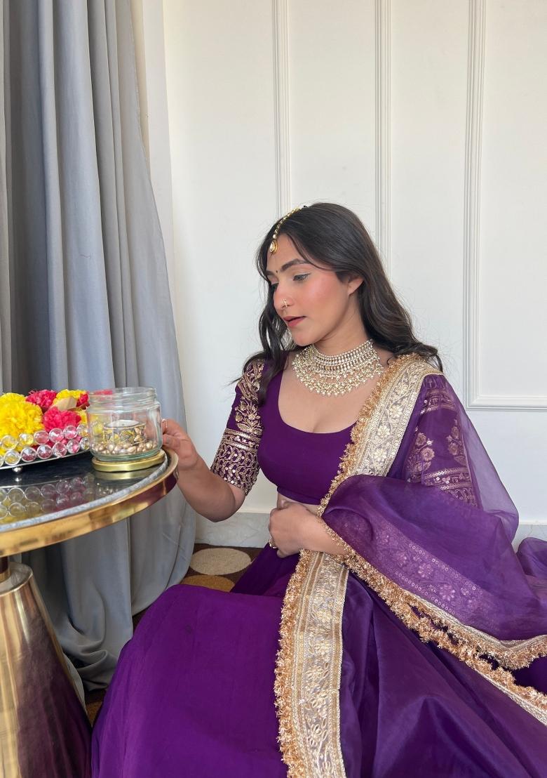 Purple Embroidered Georgette Lehenga Set - Indya