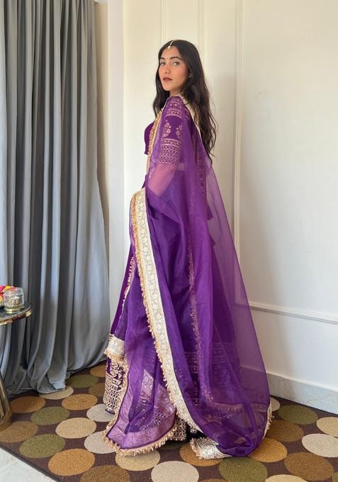 Purple Embroidered Georgette Lehenga Set