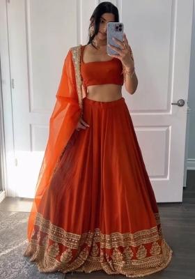 Orange Embroidered Georgette Lehenga Set
