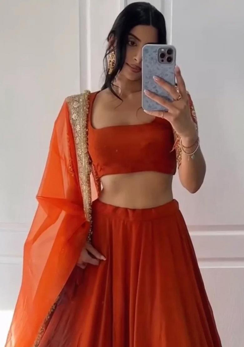 Orange Embroidered Georgette Lehenga Set - Indya