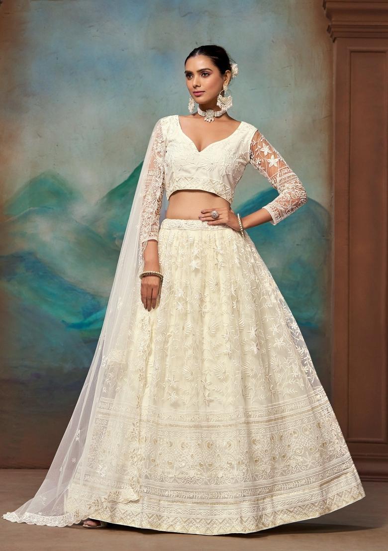 Off White Embroidered Net Lehenga Set - Indya