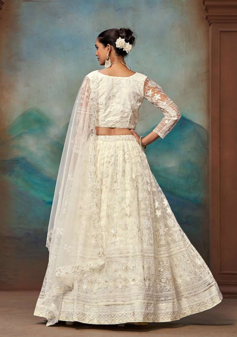 Off White Net Lehenga Set with Embroidered for Diwali | Wedding & Festive Wear - Indya