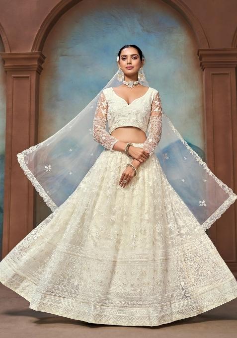 Off White Embroidered Net Lehenga Set