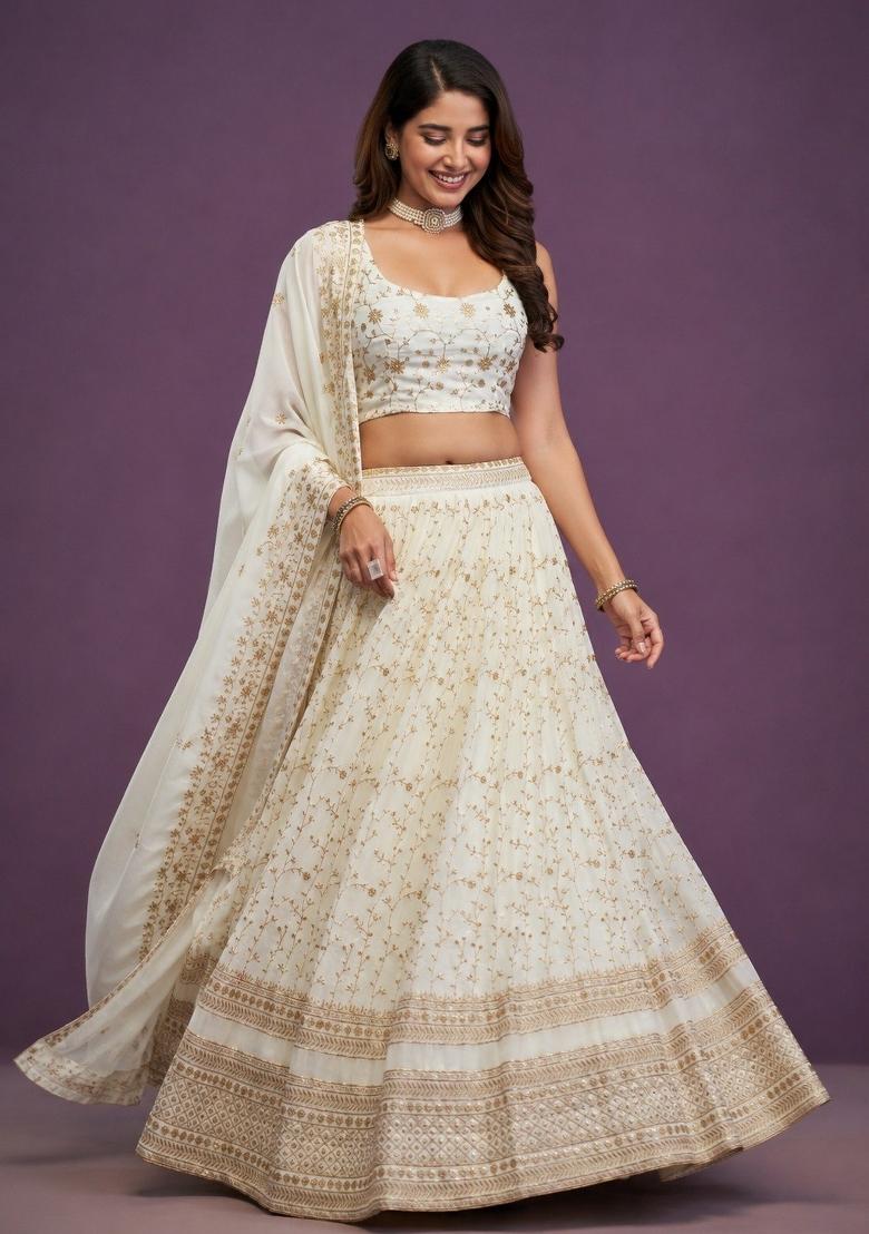 White Embroidered Georgette Lehenga Set - Indya
