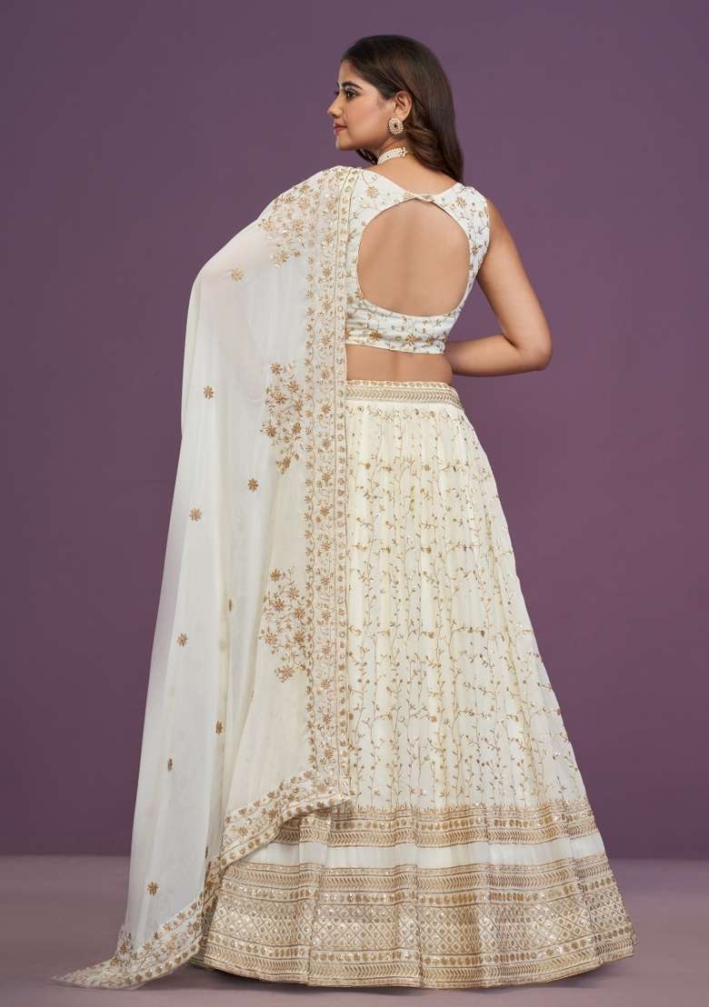 White Georgette Lehenga Set with Embroidered for Diwali | Wedding & Festive Wear - Indya