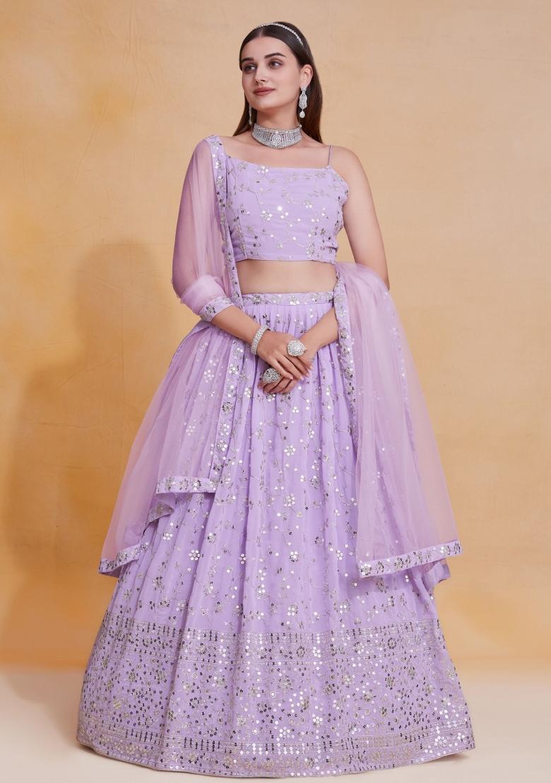 Lilac Embroidered Georgette Lehenga Set - Indya