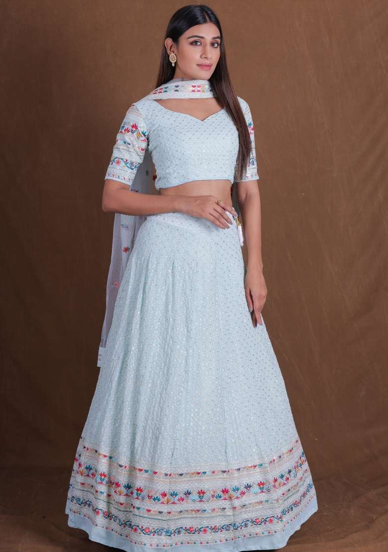 Light Blue Embroidered Georgette Lehenga Set for Diwali and Festive Wear - Indya