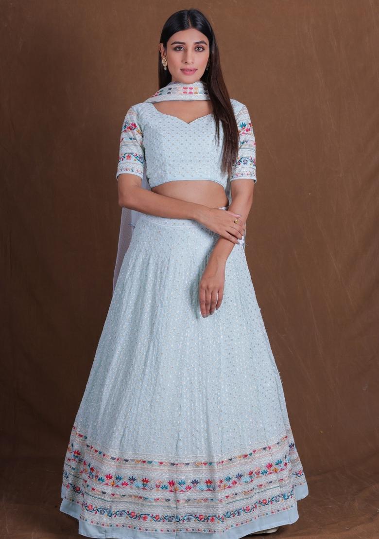 Light Blue Embroidered Georgette Lehenga Set - Indya