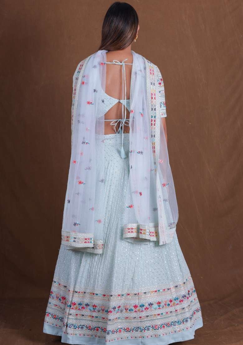 Light Blue Embroidered Georgette Lehenga Set for Diwali and Festive Wear - Indya