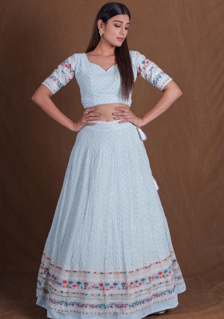 Light Blue Embroidered Georgette Lehenga Set - Indya