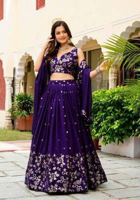 Purple Embroidered Vichitra Lehenga Set