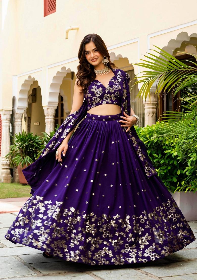 Purple Embroidered Vichitra Lehenga Set - Indya