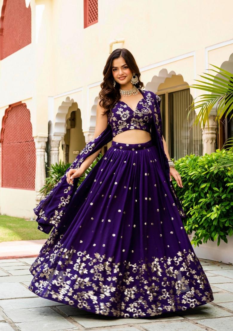 Purple Embroidered Vichitra Lehenga Set - Indya