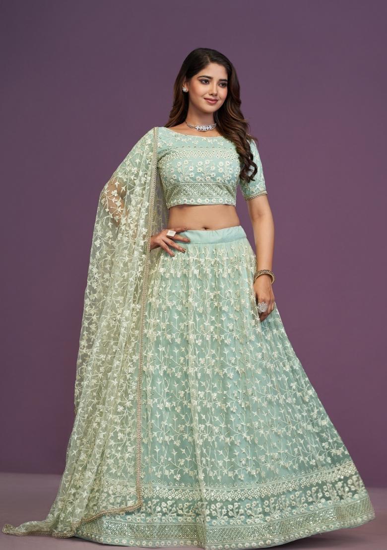 Mint Green Embroidered Net Lehenga Set - Indya