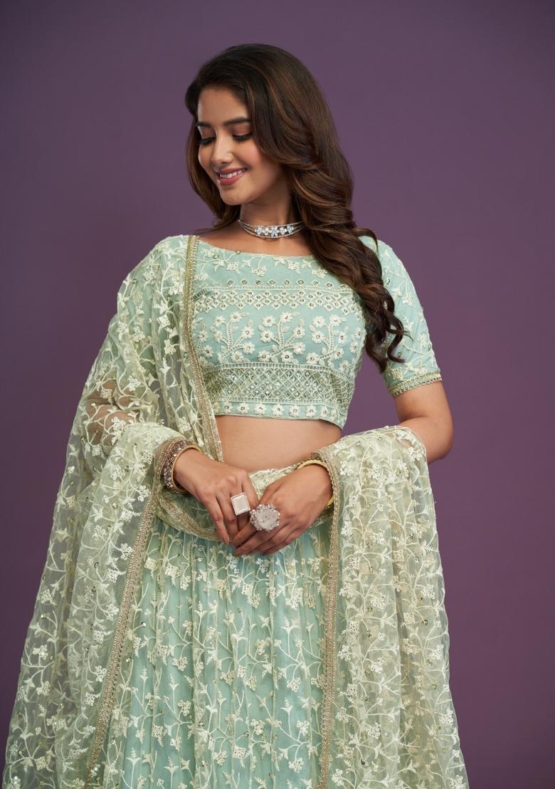Mint Green Embroidered Net Lehenga Set - Indya