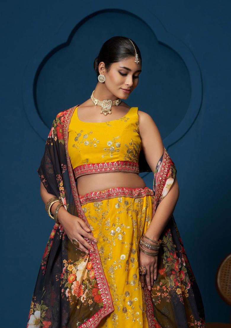 Yellow Embroidered Georgette Lehenga Set - Indya