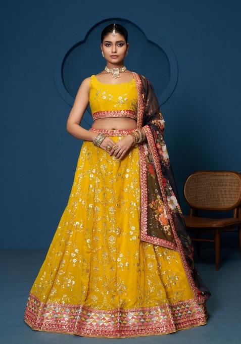 Yellow Embroidered Georgette Lehenga Set