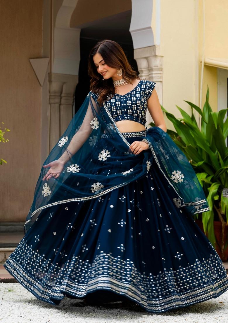 Navy Blue Embroidered Georgette Lehenga Set - Indya