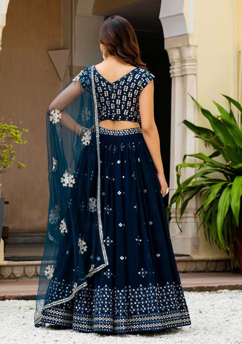 Navy Blue Embroidered Georgette Lehenga Set for Diwali and Festive Wear - Indya