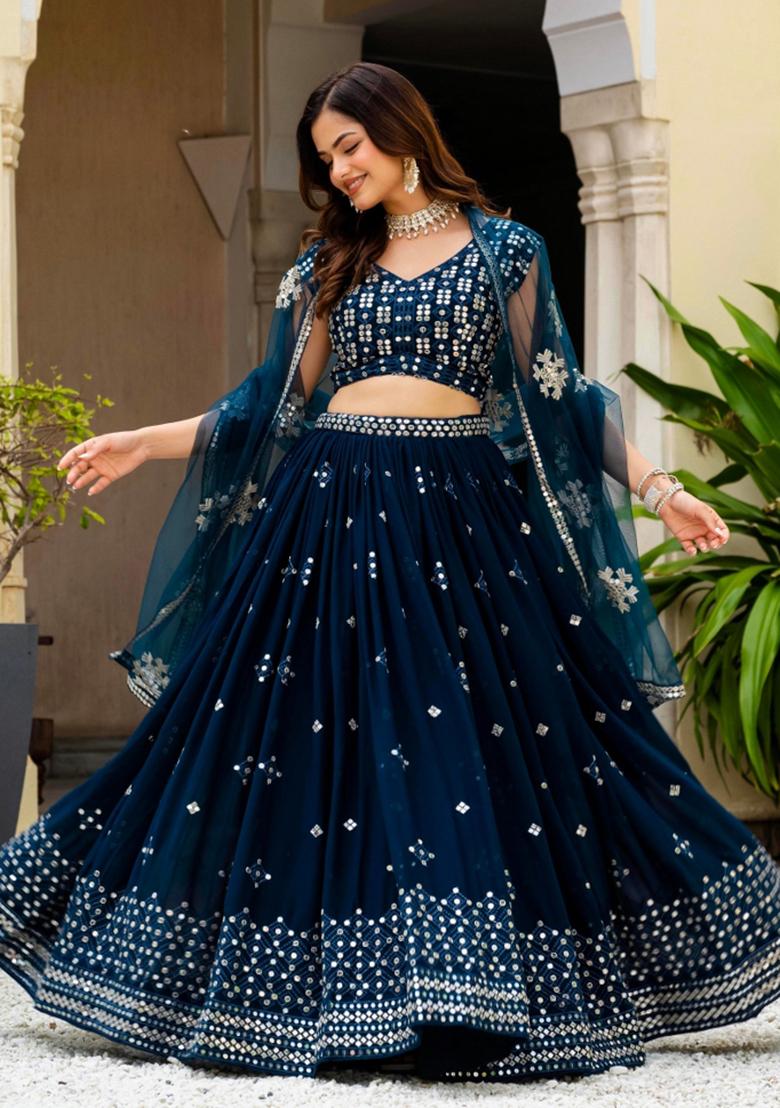 Navy Blue Embroidered Georgette Lehenga Set - Indya